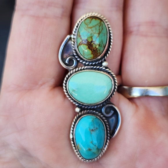 Triple Stone Sterling Silver Native American Turquoise Long Ring Sz 9.5 - Picture 3 of 6